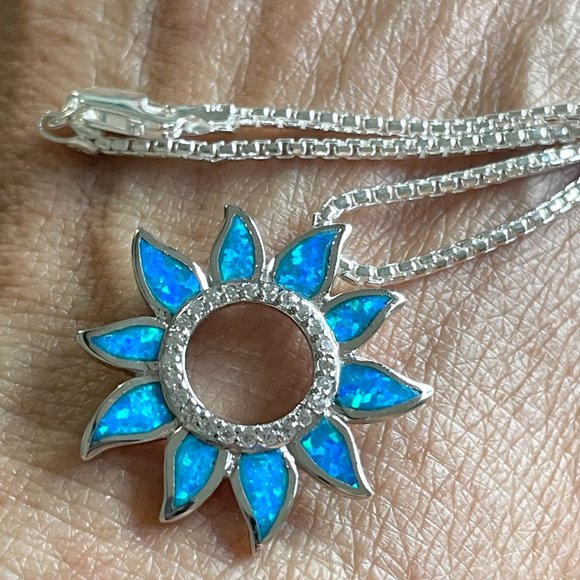 Jewelry Sunflower Lab Blue Opal Cz Sterling Silver Necklace Sunflower